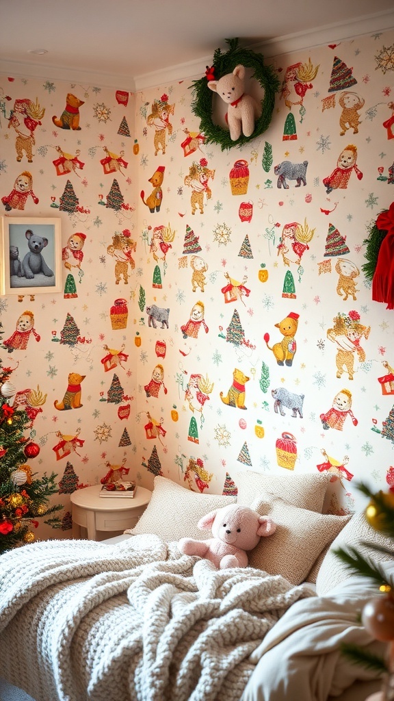 A room with Jellycat Christmas wallpaper showcasing cute stuffed animals and festive decorations.